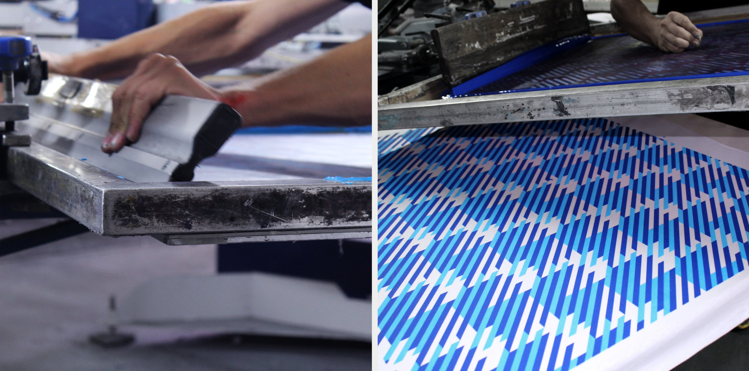 Two photos of fabric panels being screen printed from different angles.