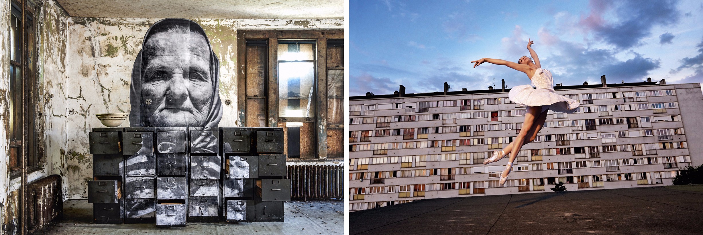 A photo from The Unframed Ellis Island Project (left) and the Les Bosquets series by JR.