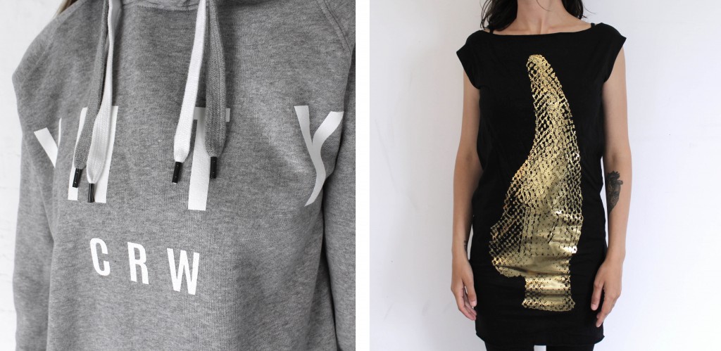 Screen printed hoodie and foiled dress