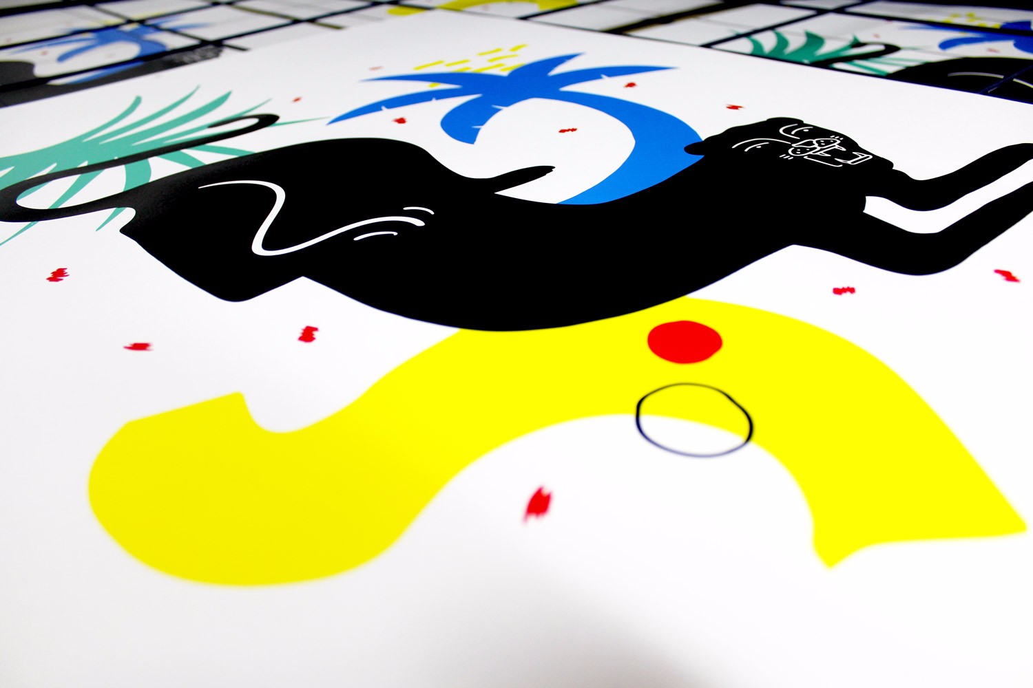 A close up of 'Big Cat', a 5 colour screen print designed by Felicity Marshall and published by 3rd Rail.