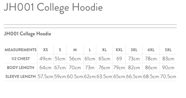 JH001 AWDis Unisex College Hoodie chart