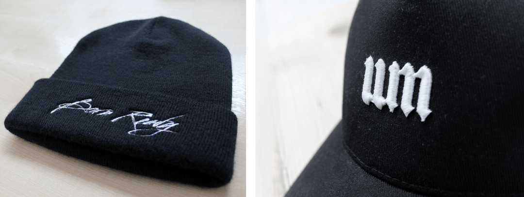 Examples of flat embroidery and 3D embroidery on hats.