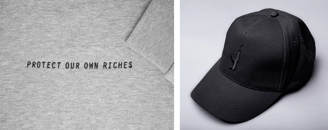 Examples of recent garment embroidery orders we've completed for streetwear brands Protect Our Own Riches and Black Rain Paris.