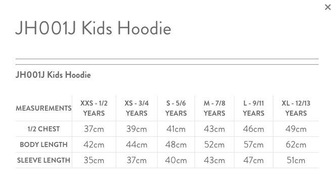 kids hoodie chart