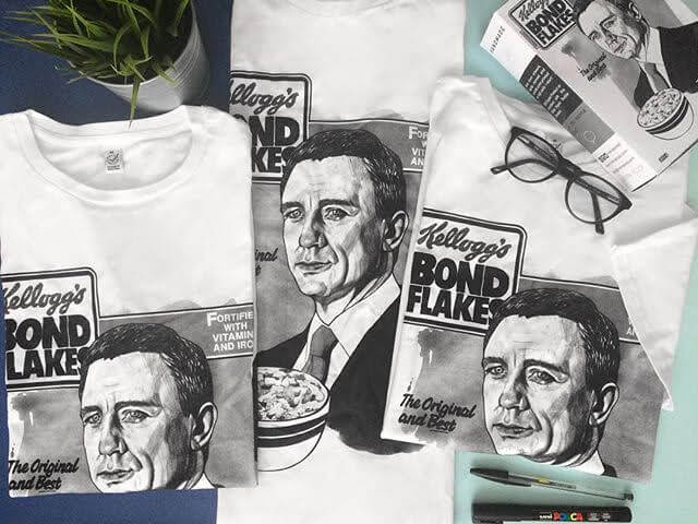 tshirt with james bond face in a cereal box design