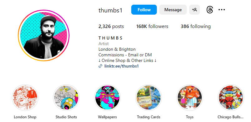 Artist 'Thumbs', leverages Instagram not just to display their designs but also to engage with their community, announce new collections, and gather feedback.