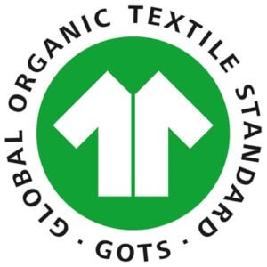 GOTS logo displayed on a garment and t-shirt printing website, representing organic certification for sustainable printing.