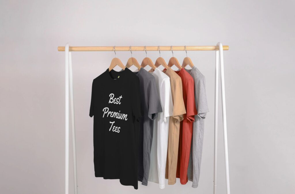 Clothing rail including screen-printed T-shirts, showcasing high-quality t shirt printing in London