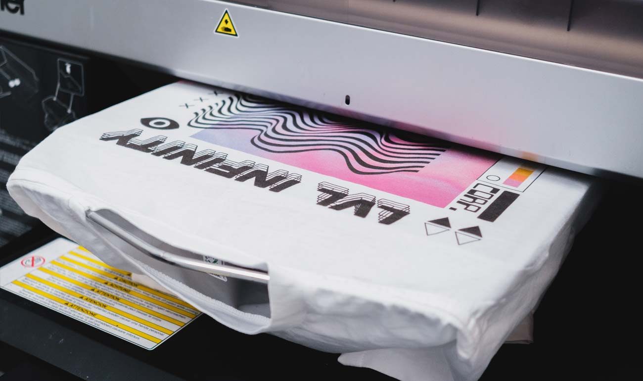 DTG t-shirt being printed during garment production at 3rd Rail London